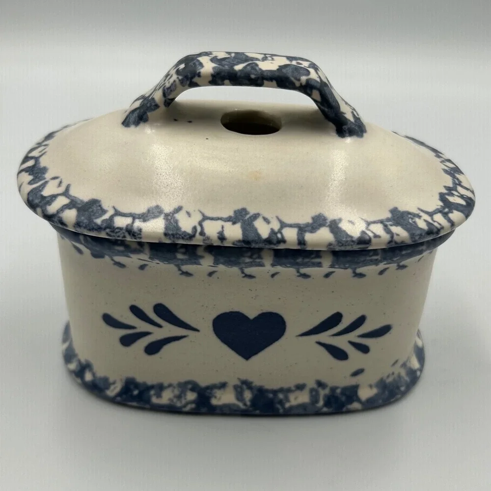 Blue Spongeware Heart Pottery Butter Dish Lid Farmhouse Stoneware Trinket Box